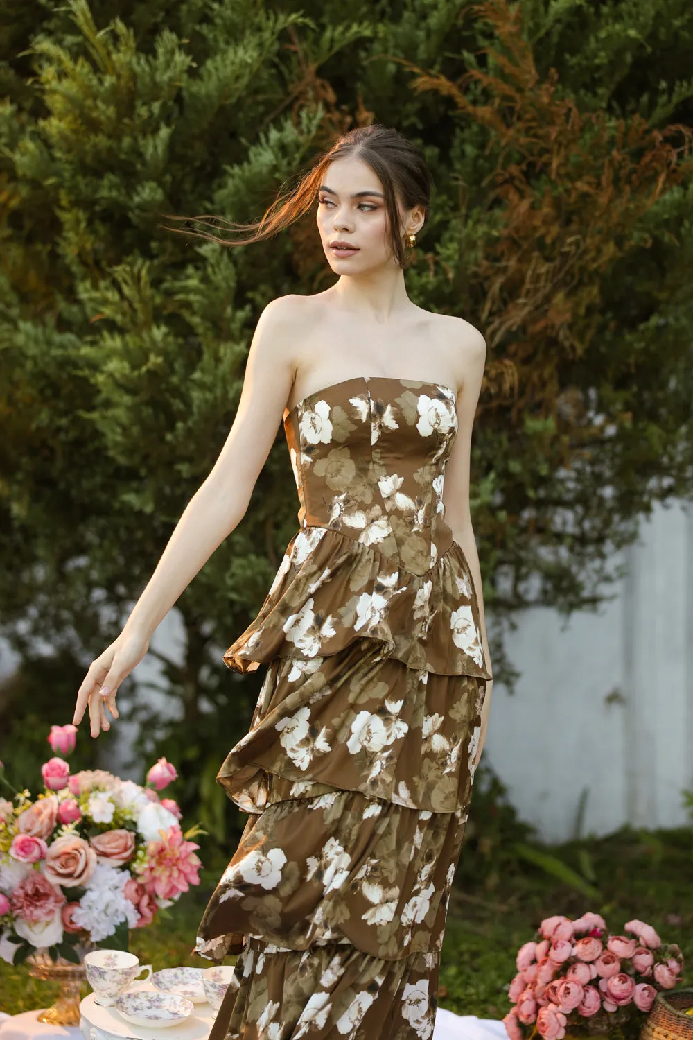 AURORA Strapless Drop Waist Maxi Dress with Layered Skirt (Brown Floral Silk)