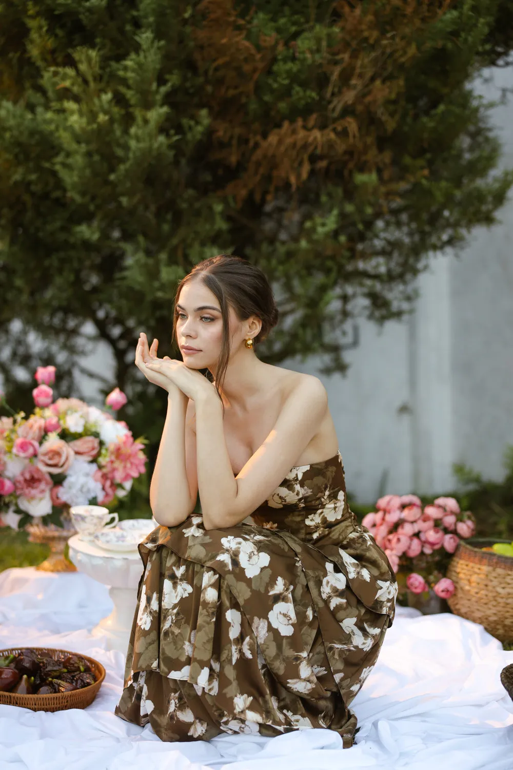 AURORA Strapless Drop Waist Maxi Dress with Layered Skirt (Brown Floral Silk)