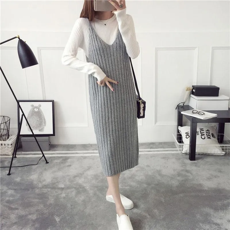 Autumn and Winter Long Sweater Dress Fashion Knitted Suspender Dress Casual Simple Female Suspender Dress