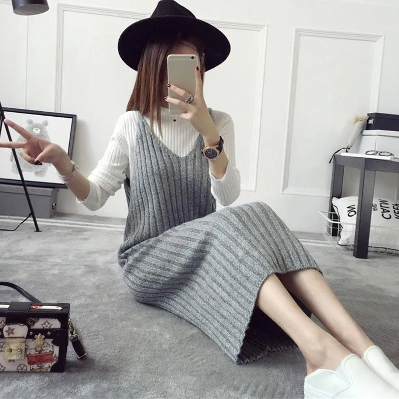 Autumn and Winter Long Sweater Dress Fashion Knitted Suspender Dress Casual Simple Female Suspender Dress
