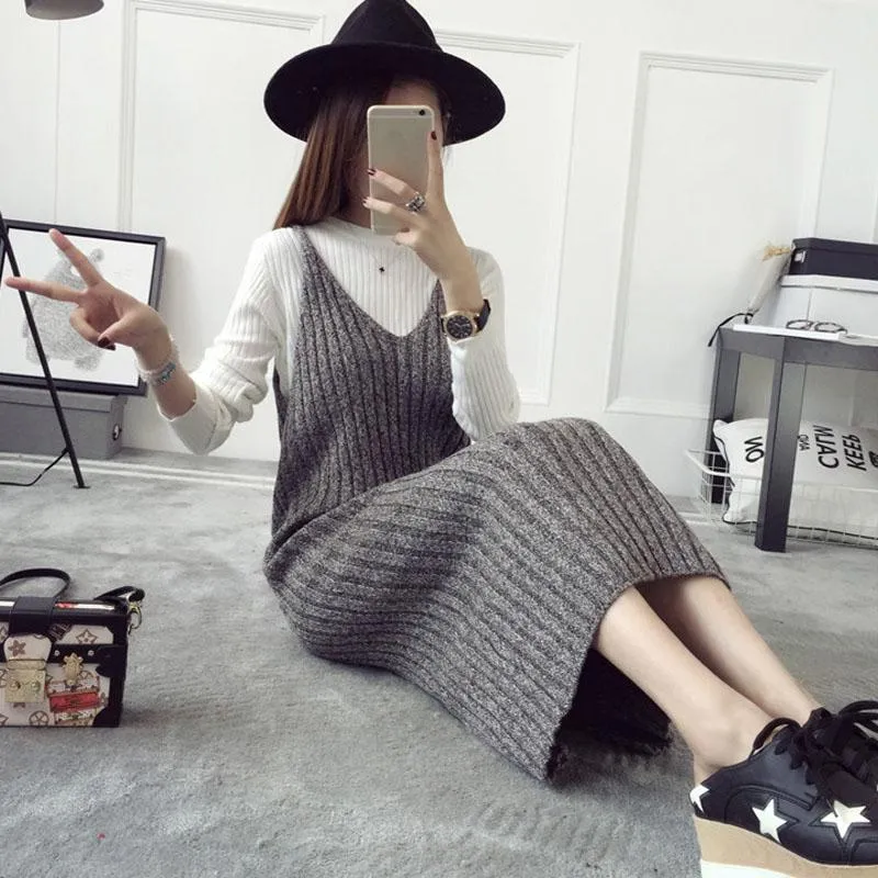 Autumn and Winter Long Sweater Dress Fashion Knitted Suspender Dress Casual Simple Female Suspender Dress