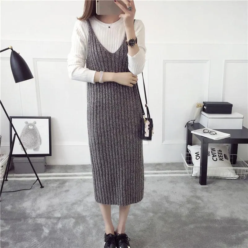 Autumn and Winter Long Sweater Dress Fashion Knitted Suspender Dress Casual Simple Female Suspender Dress