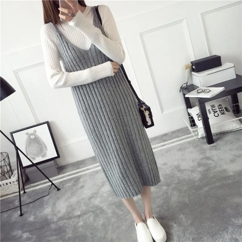 Autumn and Winter Long Sweater Dress Fashion Knitted Suspender Dress Casual Simple Female Suspender Dress