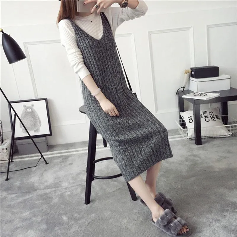 Autumn and Winter Long Sweater Dress Fashion Knitted Suspender Dress Casual Simple Female Suspender Dress