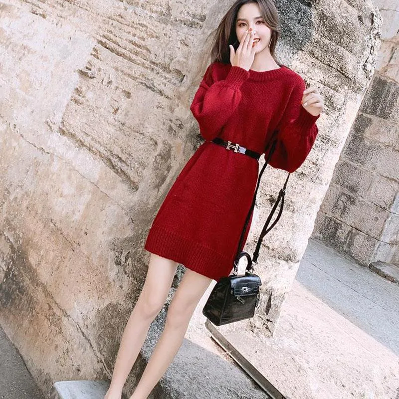 Autumn and Winter Plus Velvet Padded Dress Knitted Mid-length Waist Bottoming Skirt Solid Color Casual Women Sweater Dress