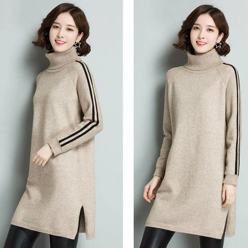 Autumn and Winter Turtleneck Thick Sweater Dress Mid-length Loose Large Size Base Skirt Fashion Simple Women's Sweater Dress