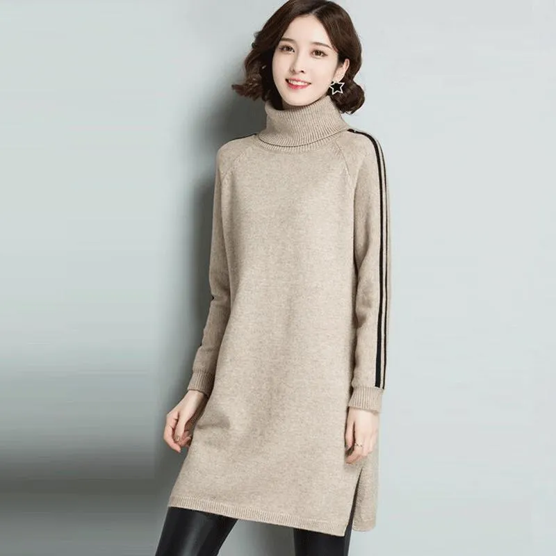 Autumn and Winter Turtleneck Thick Sweater Dress Mid-length Loose Large Size Base Skirt Fashion Simple Women's Sweater Dress