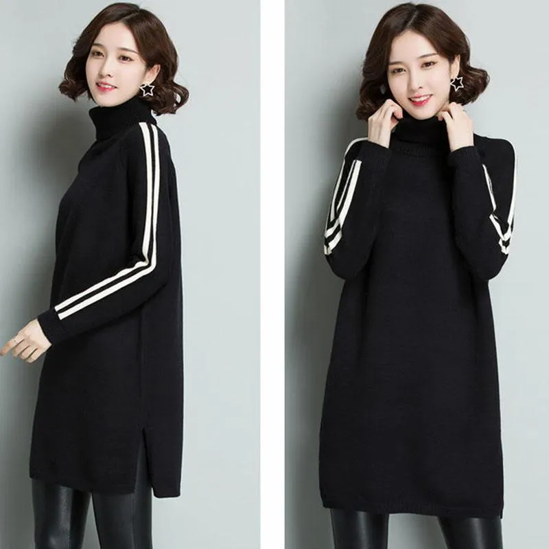 Autumn and Winter Turtleneck Thick Sweater Dress Mid-length Loose Large Size Base Skirt Fashion Simple Women's Sweater Dress