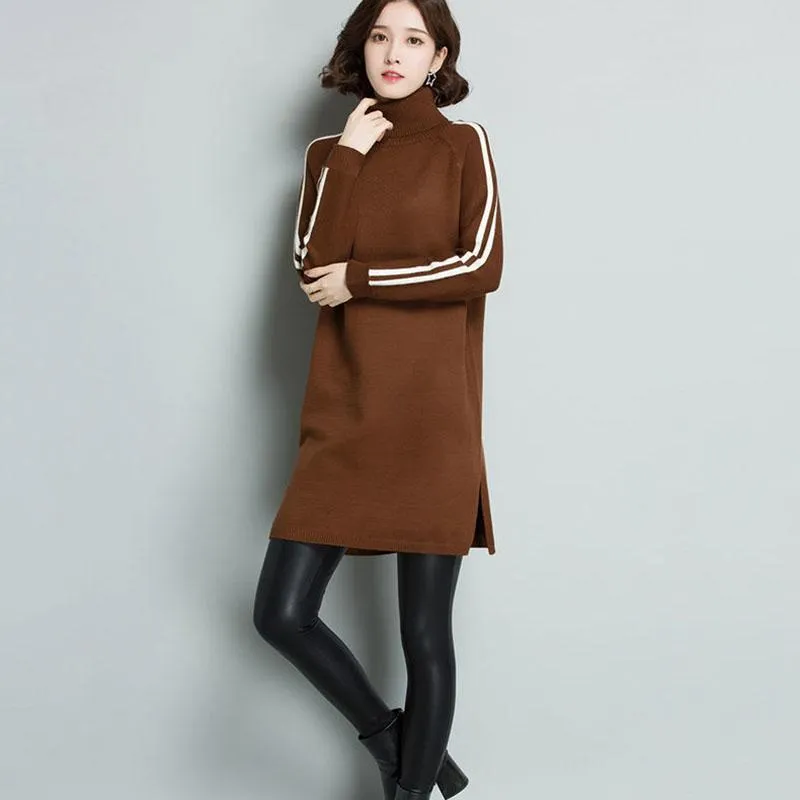 Autumn and Winter Turtleneck Thick Sweater Dress Mid-length Loose Large Size Base Skirt Fashion Simple Women's Sweater Dress