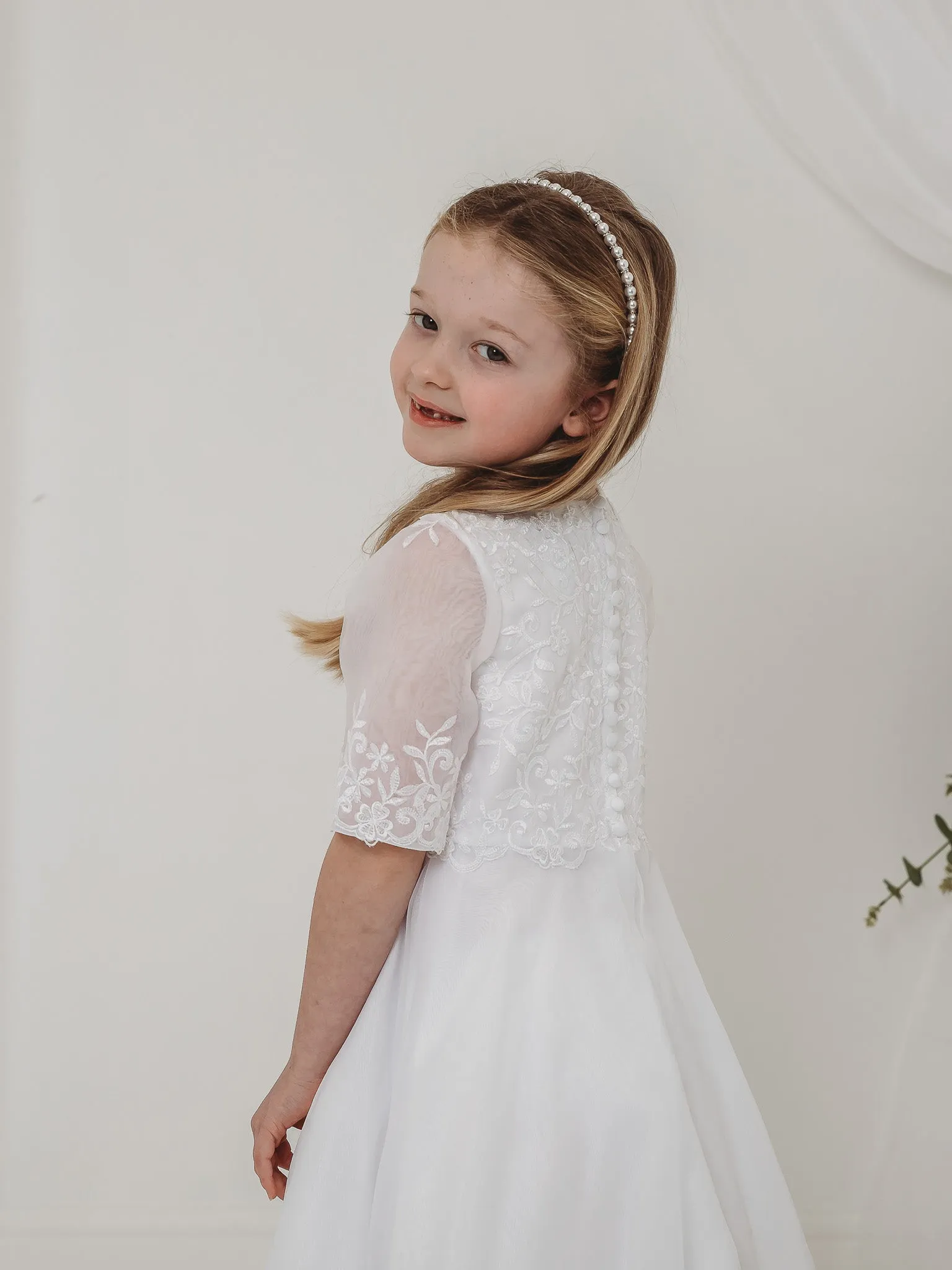 'Ava' White Embroidered Organza Communion Dress