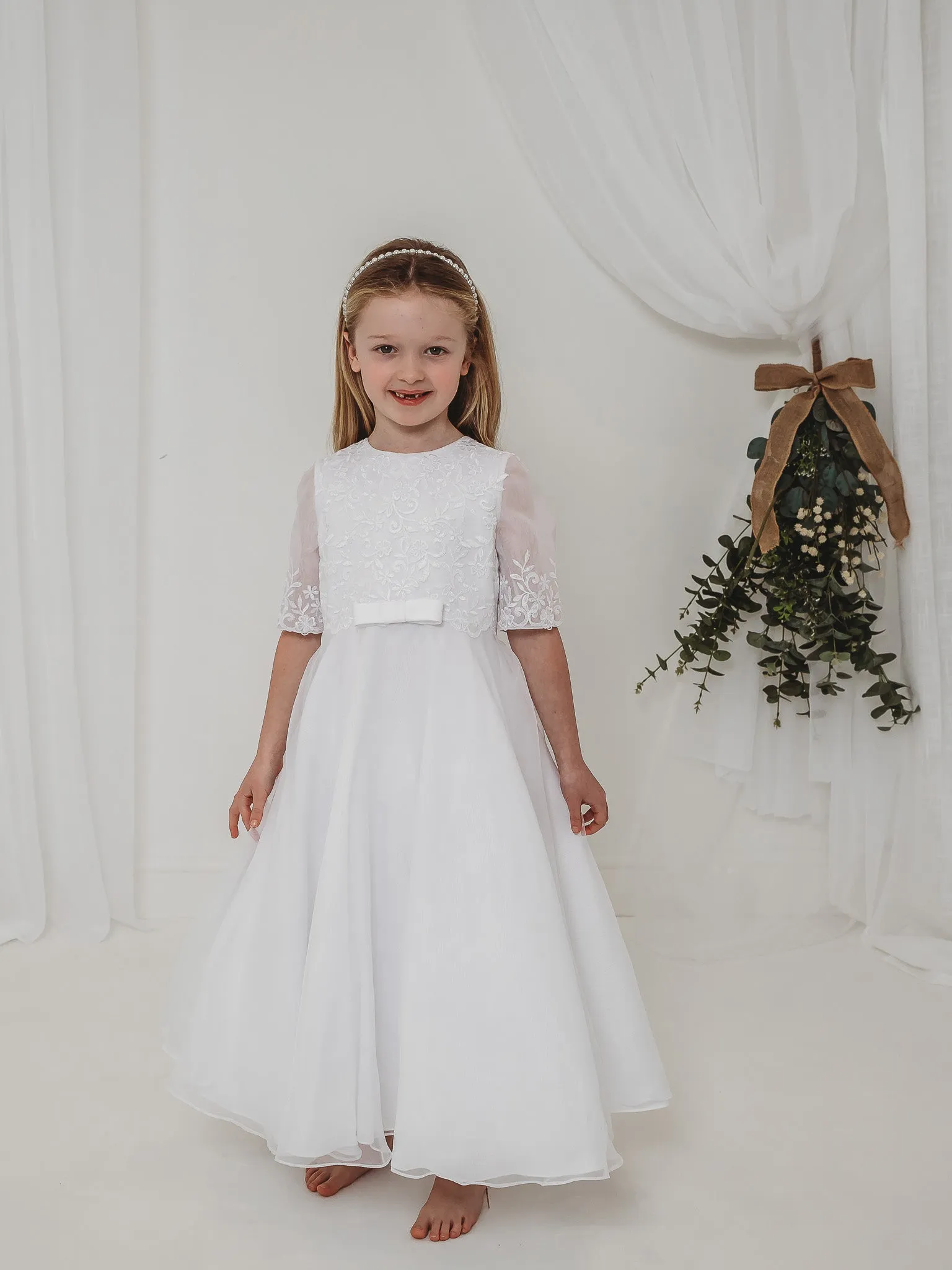 'Ava' White Embroidered Organza Communion Dress