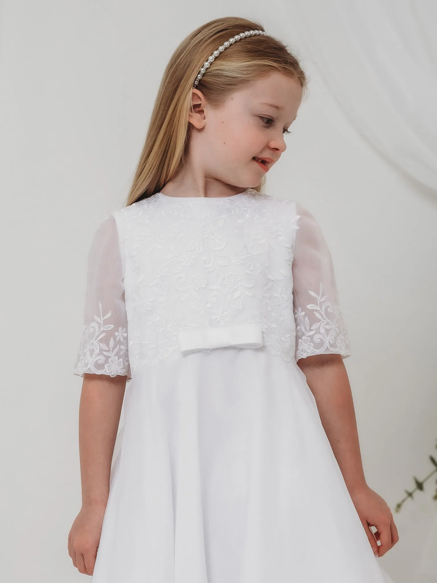 'Ava' White Embroidered Organza Communion Dress