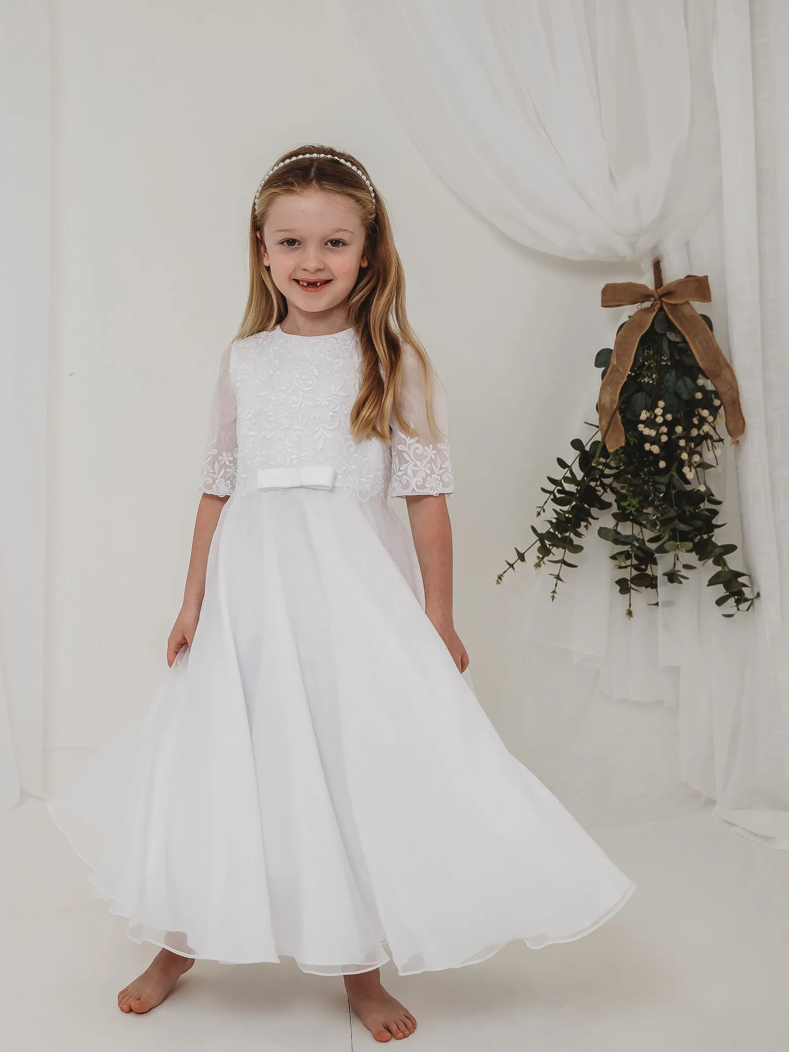 'Ava' White Embroidered Organza Communion Dress