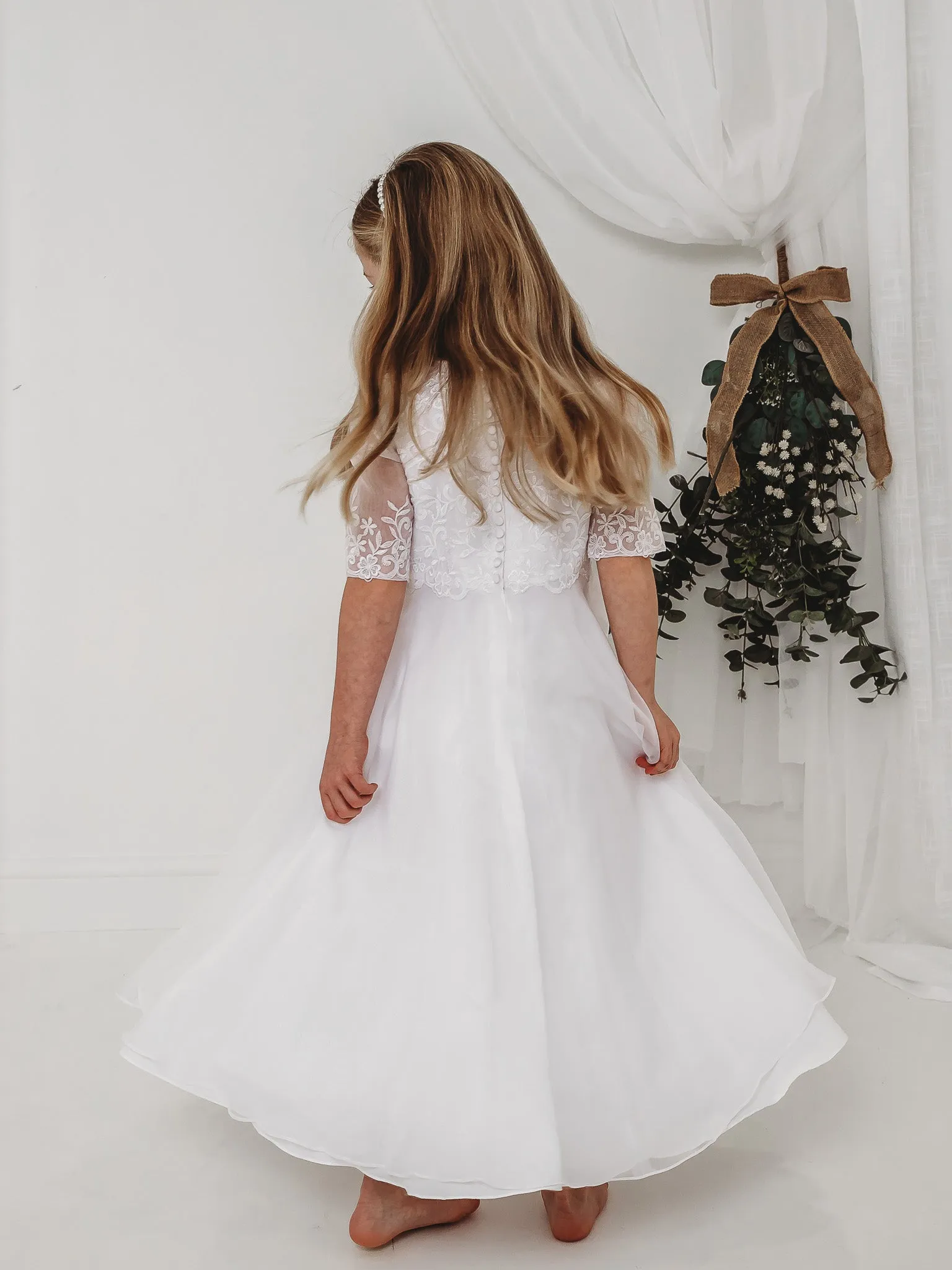 'Ava' White Embroidered Organza Communion Dress
