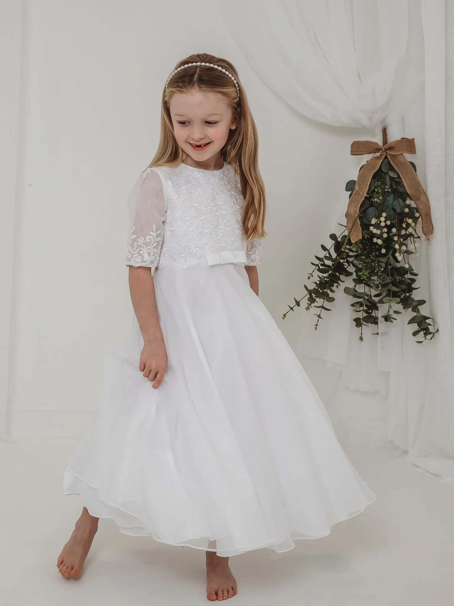 'Ava' White Embroidered Organza Communion Dress