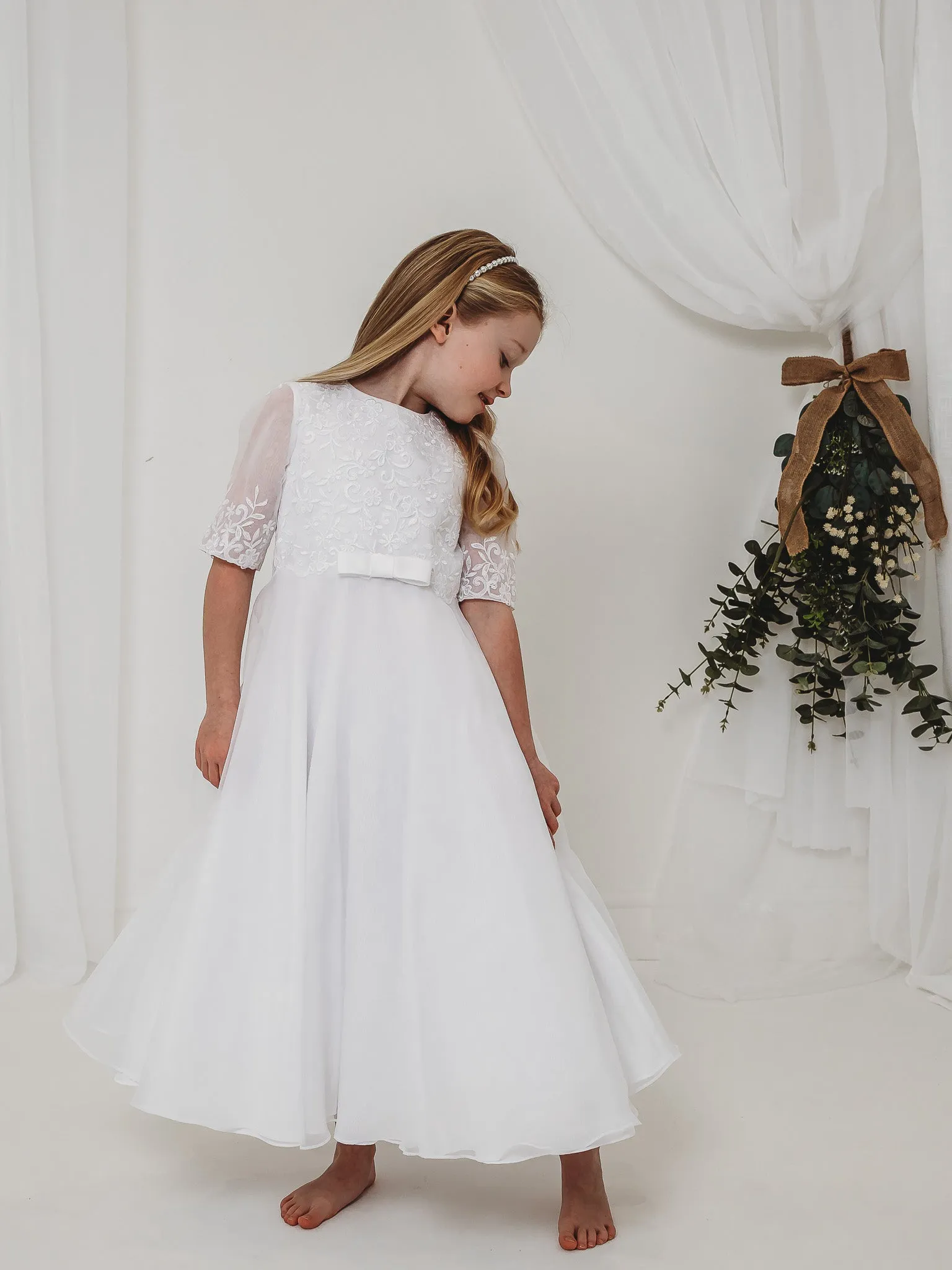 'Ava' White Embroidered Organza Communion Dress
