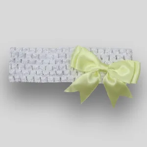 Baby girls crochet headband with lemon yellow satin bow