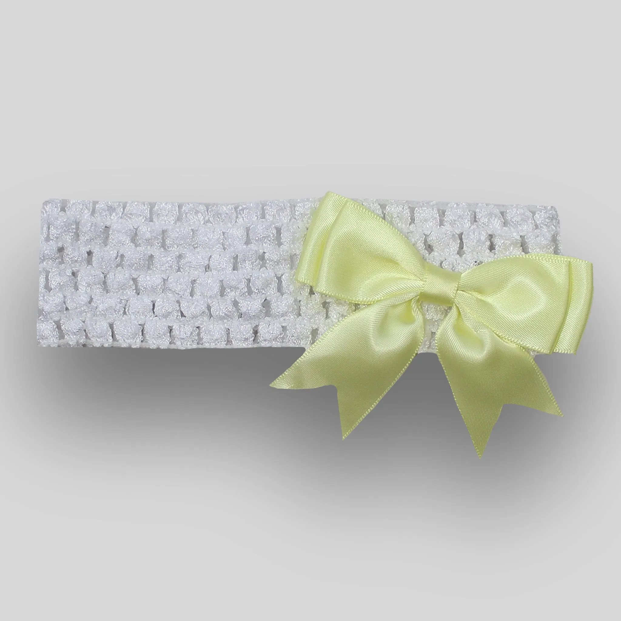Baby girls crochet headband with lemon yellow satin bow
