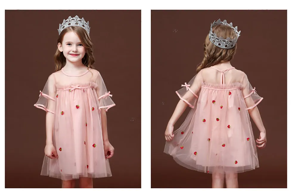 Baby Girls Strawberry Pink Half-transparency Shoulder Princess Dress