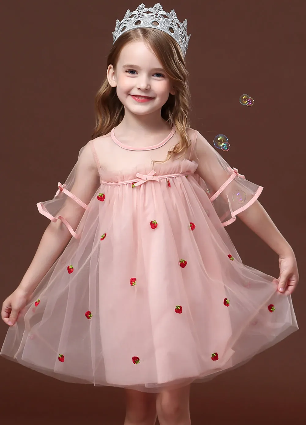 Baby Girls Strawberry Pink Half-transparency Shoulder Princess Dress