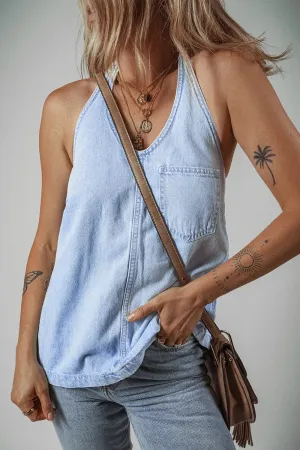 Backless Halter Neck Denim Top