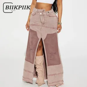 BIIKPIIK Casual Patchwork Fork Long Skirts