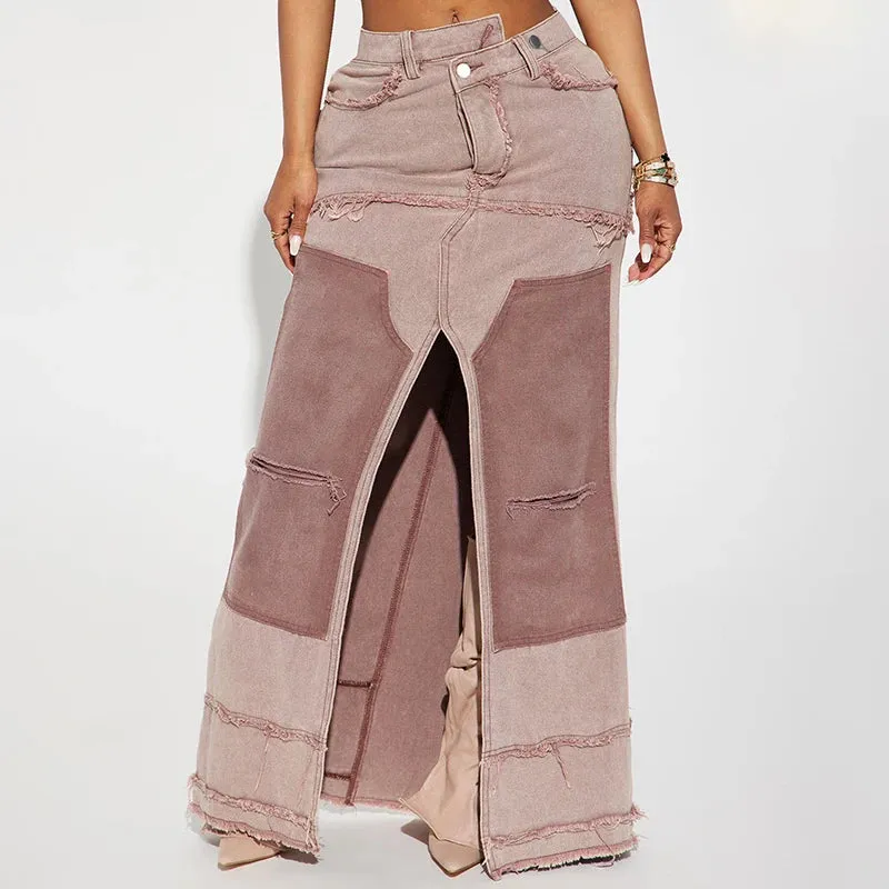 BIIKPIIK Casual Patchwork Fork Long Skirts