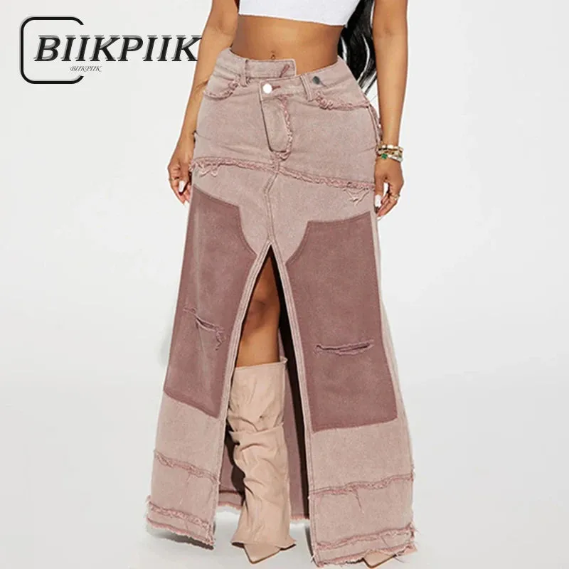 BIIKPIIK Casual Patchwork Fork Long Skirts