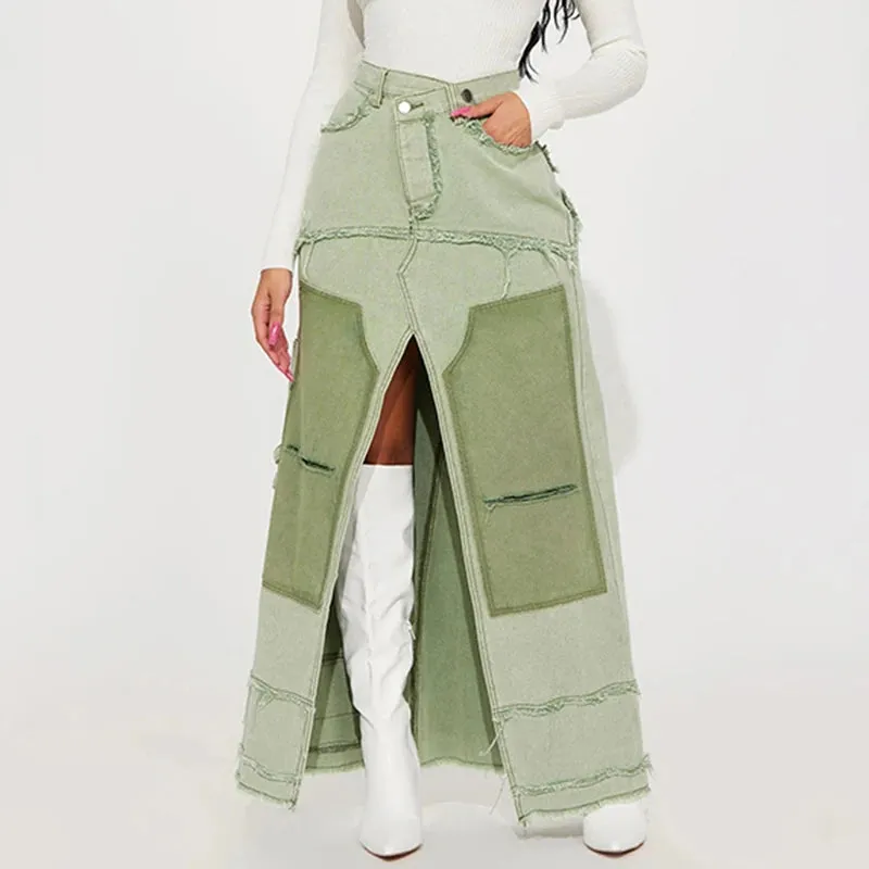 BIIKPIIK Casual Patchwork Fork Long Skirts