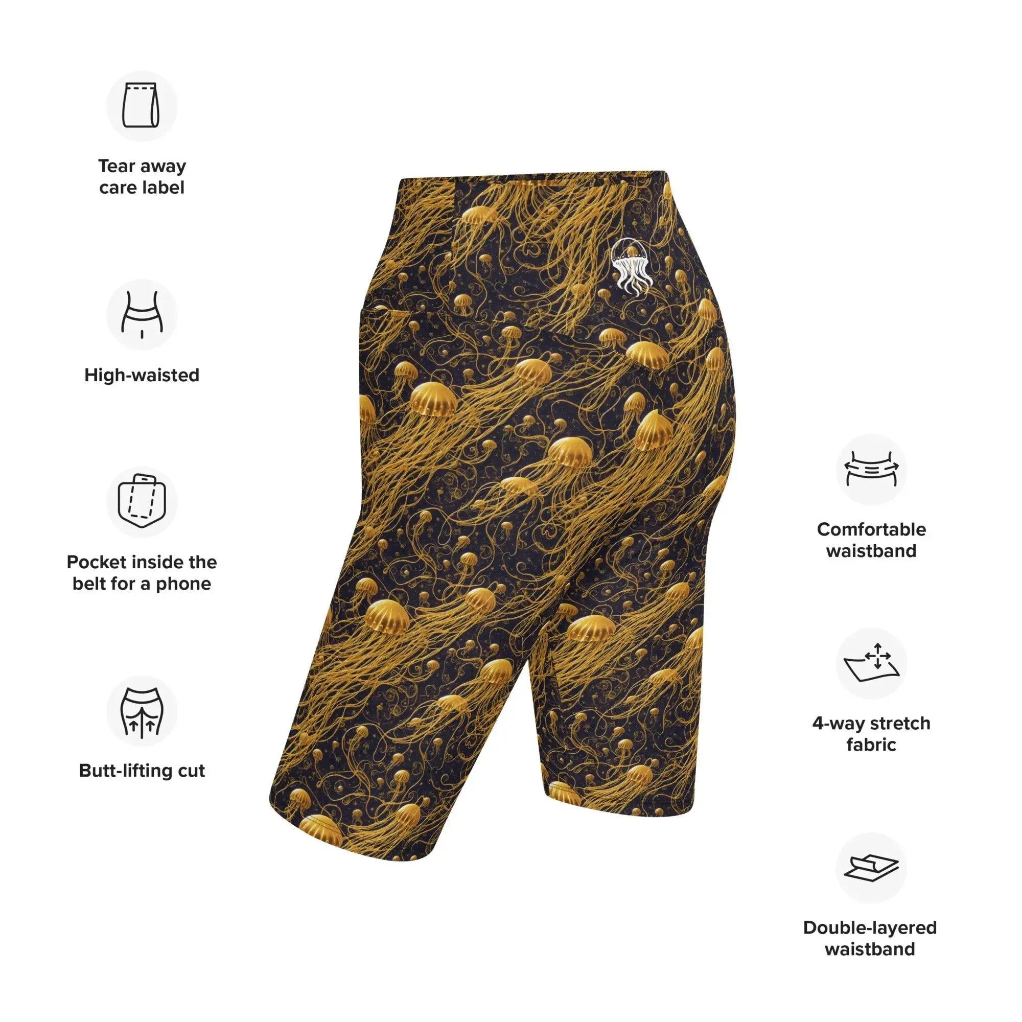 Biker Shorts - Black and Gold Jellyfishes