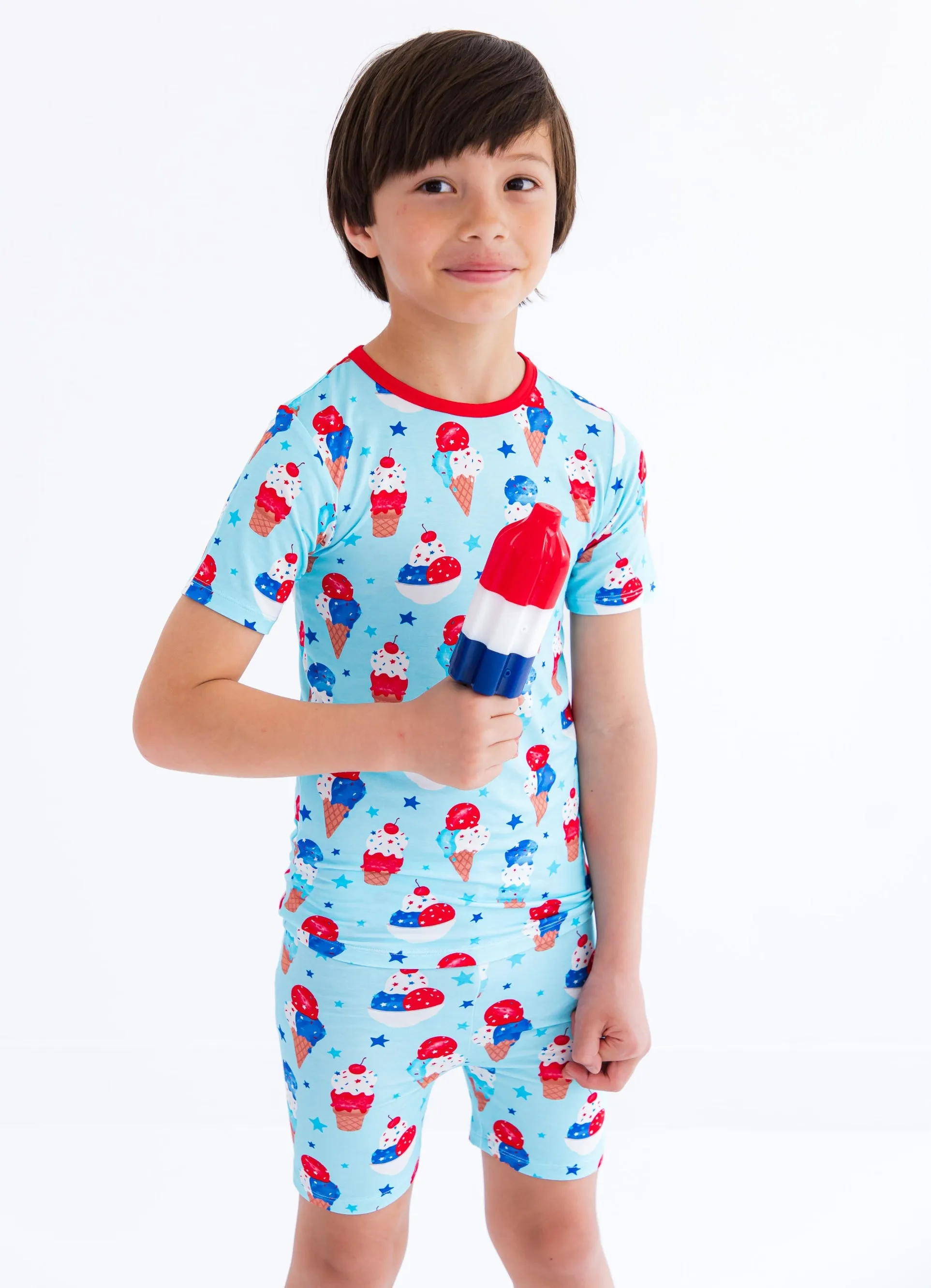 Birdie Bean Carter Blue Ice Cream Cones 4th of July Print 2-piece Short Sleeve Kids Pajamas with Shorts
