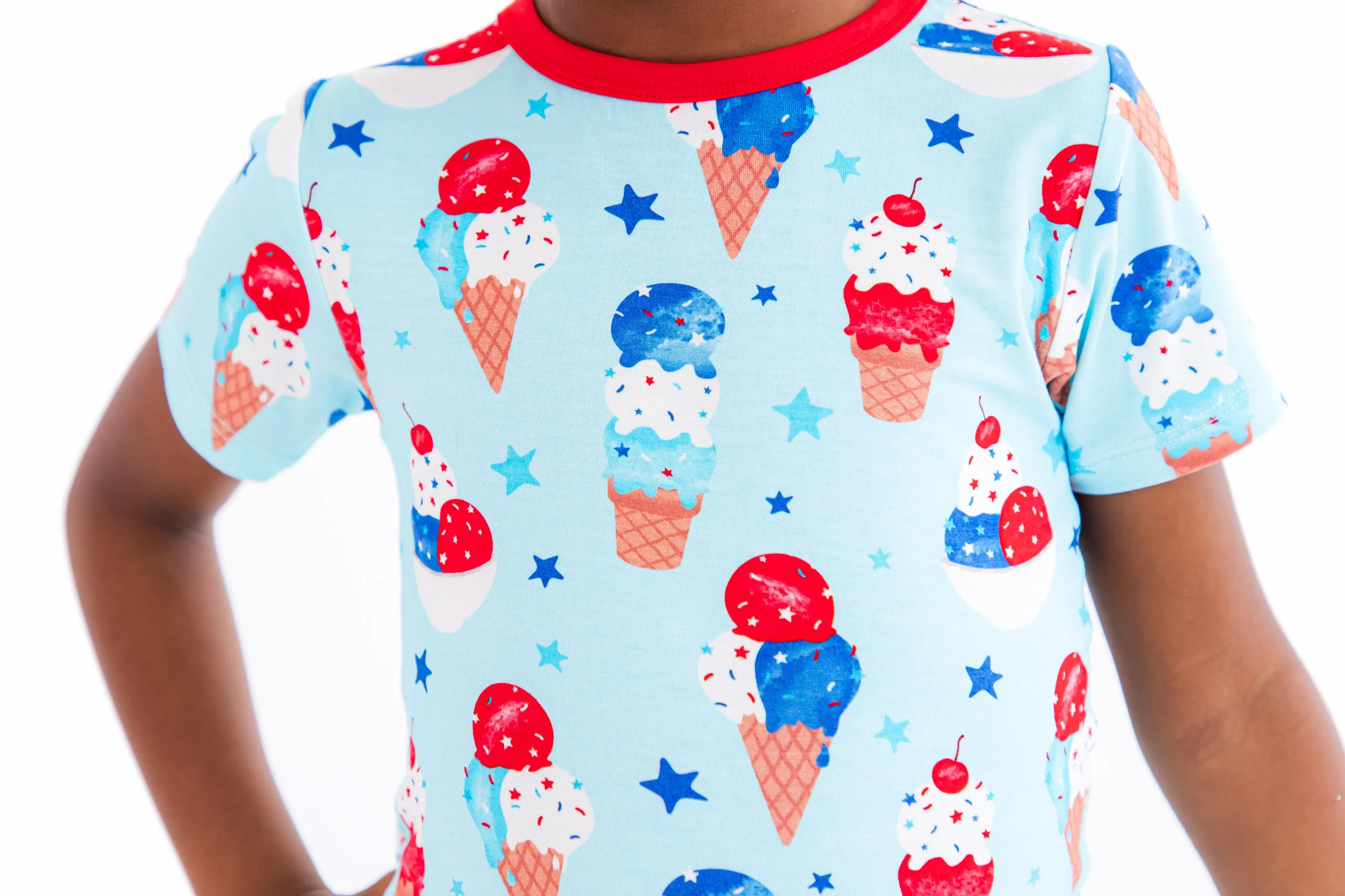 Birdie Bean Carter Blue Ice Cream Cones 4th of July Print 2-piece Short Sleeve Kids Pajamas with Shorts