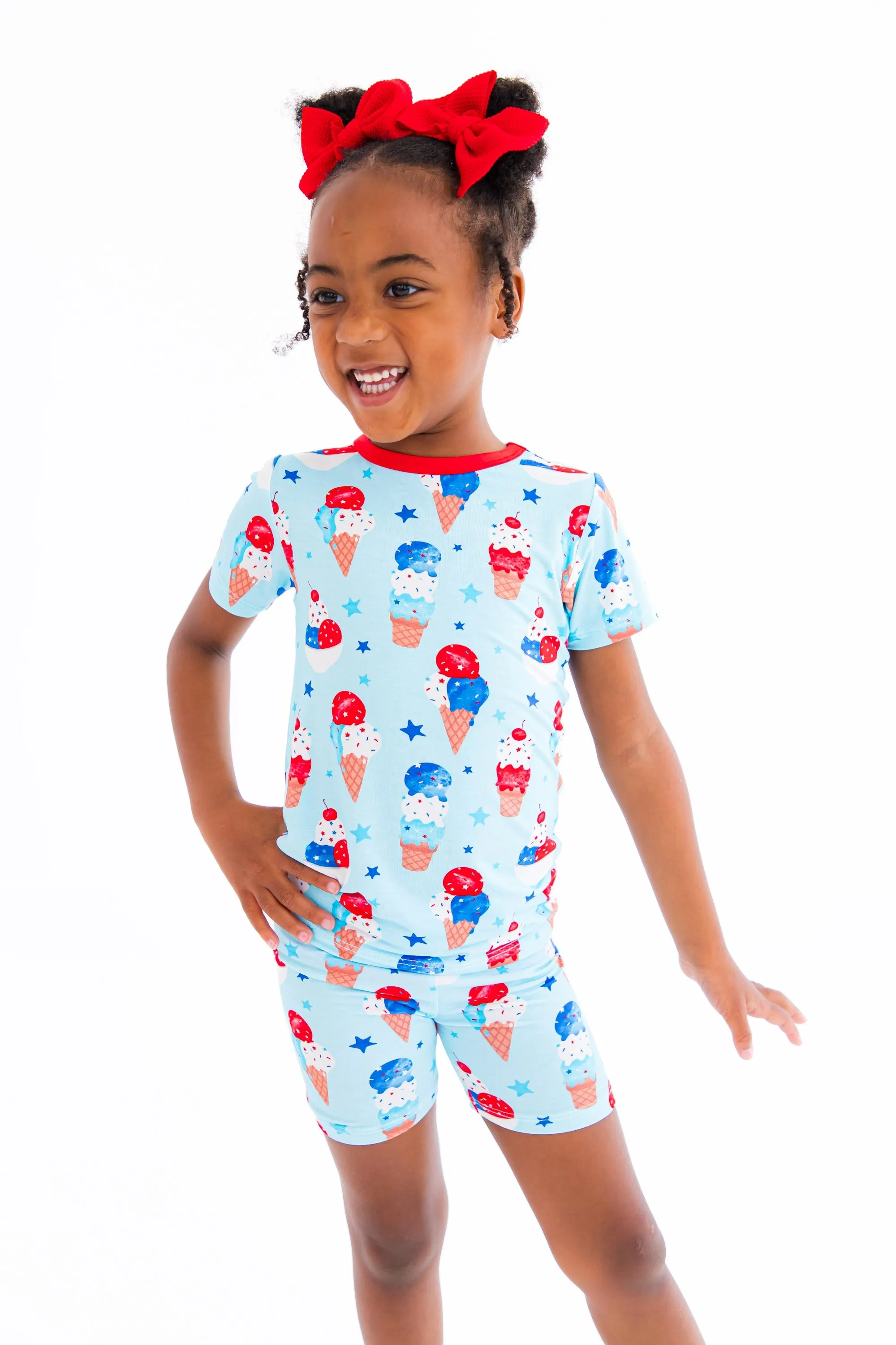 Birdie Bean Carter Blue Ice Cream Cones 4th of July Print 2-piece Short Sleeve Kids Pajamas with Shorts