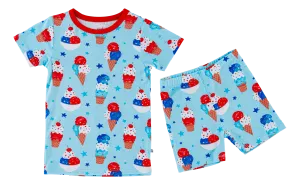 Birdie Bean Carter Blue Ice Cream Cones 4th of July Print 2-piece Short Sleeve Kids Pajamas with Shorts