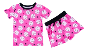 Birdie Bean Pink Baseball Hayley Print 2-piece Short Sleeve Kids Pajamas with Shorts