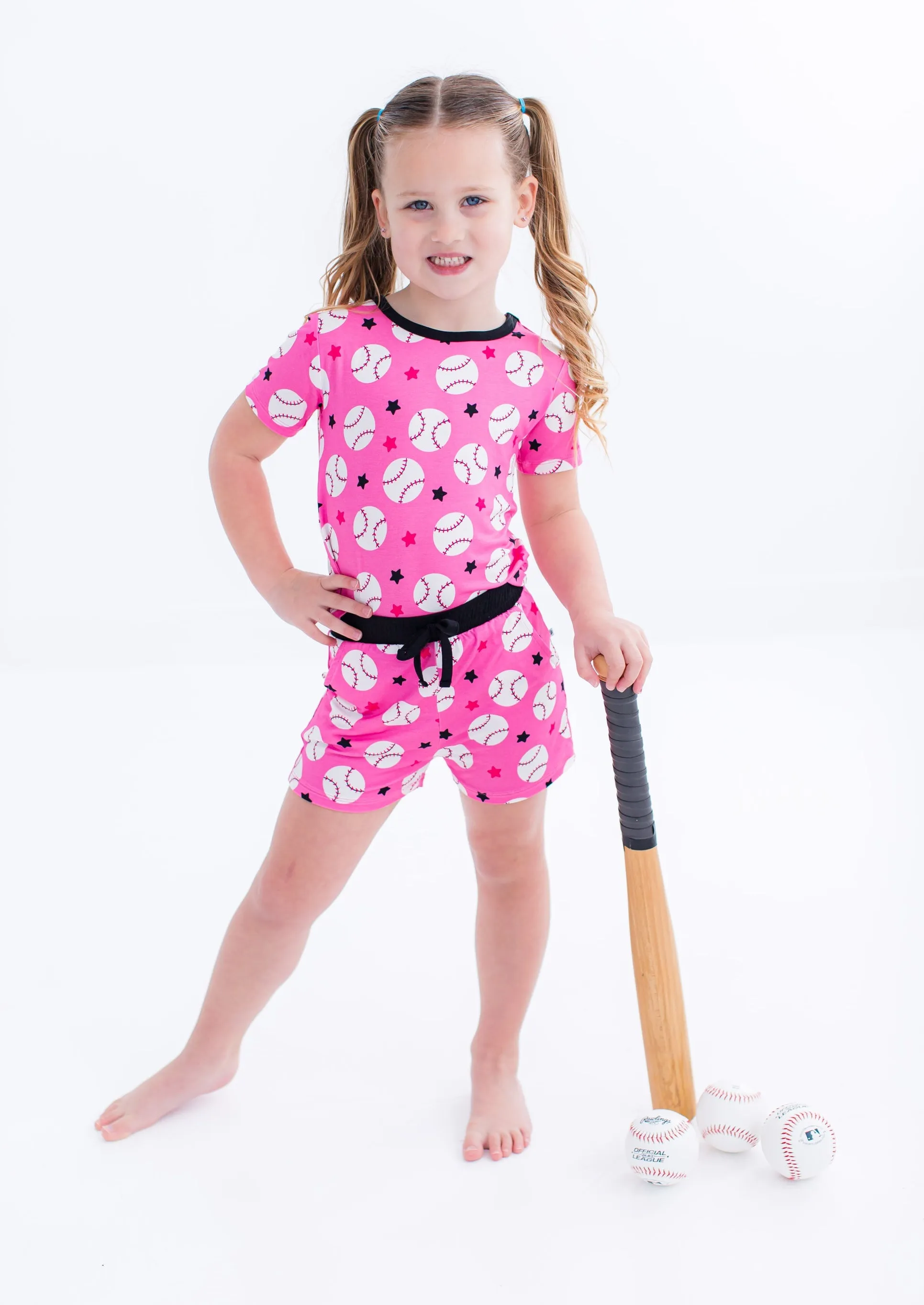 Birdie Bean Pink Baseball Hayley Print 2-piece Short Sleeve Kids Pajamas with Shorts