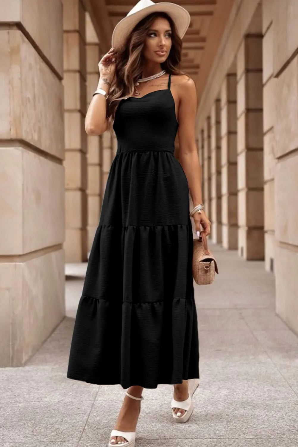 Black Crossover Backless Bodice Tiered Maxi Dress