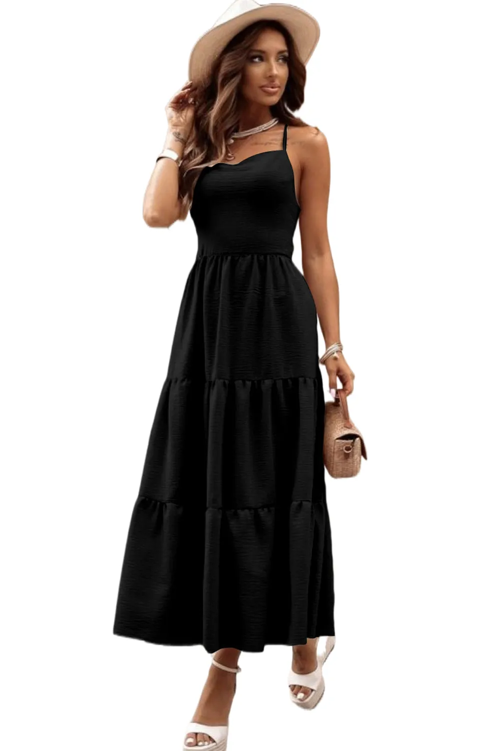 Black Crossover Backless Bodice Tiered Maxi Dress