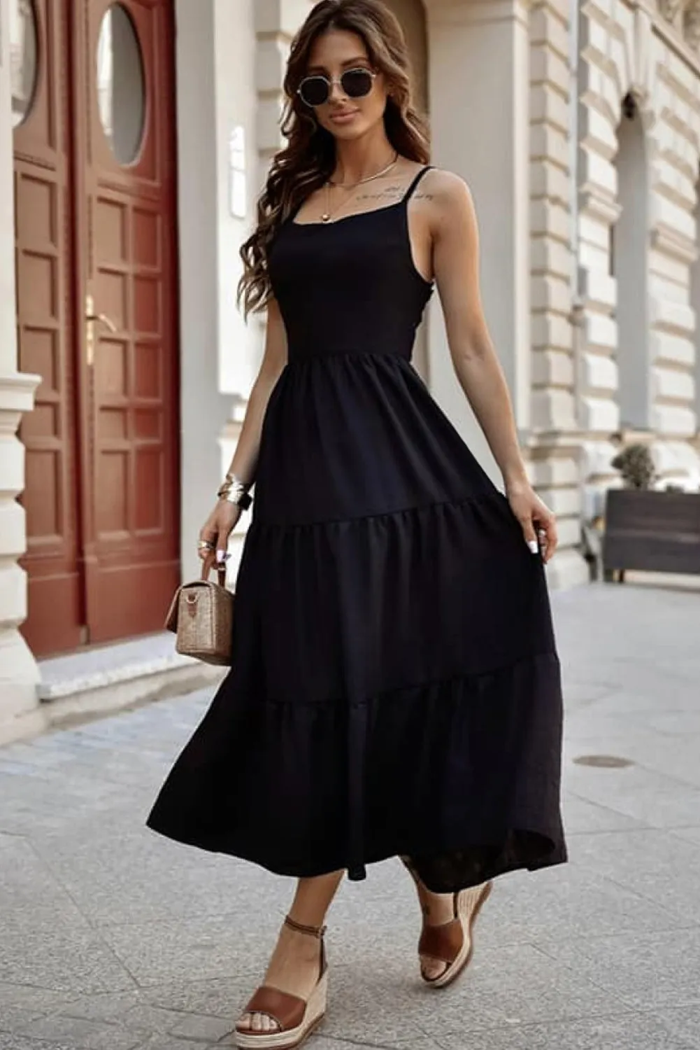 Black Crossover Backless Bodice Tiered Maxi Dress