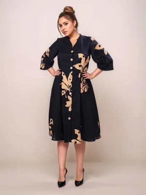 Black Floral Prints Straight Fit Midi Dress