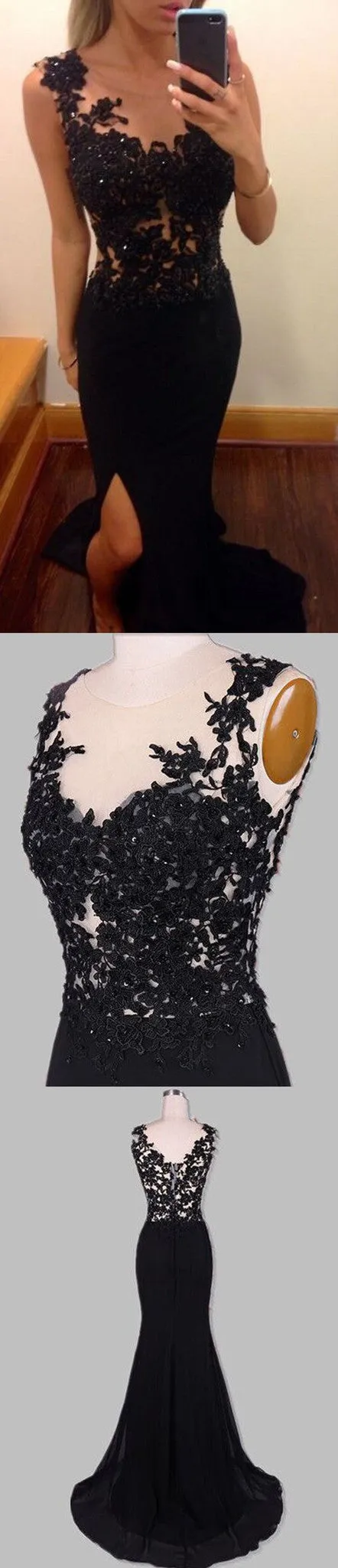 Black Mermaid Side Split Long Sexy Backless Lace Prom Dresses, BG51161