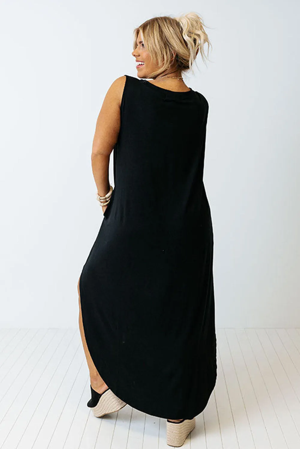 Black Plus Size Wide Sleeveless Shoulder Straps Maxi Dress