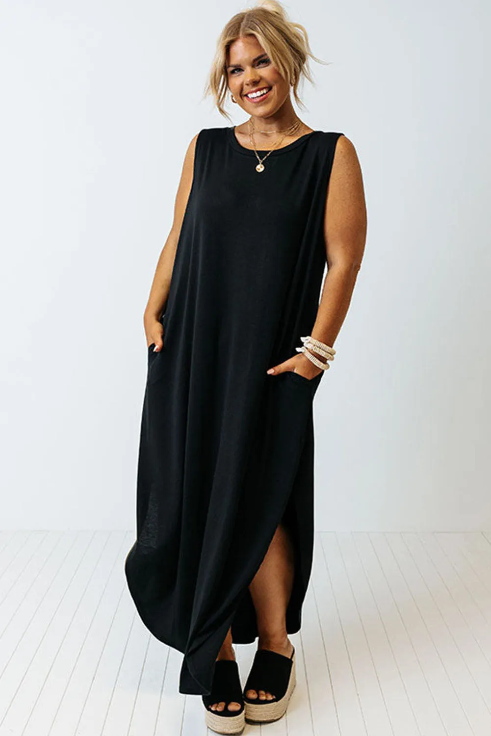 Black Plus Size Wide Sleeveless Shoulder Straps Maxi Dress