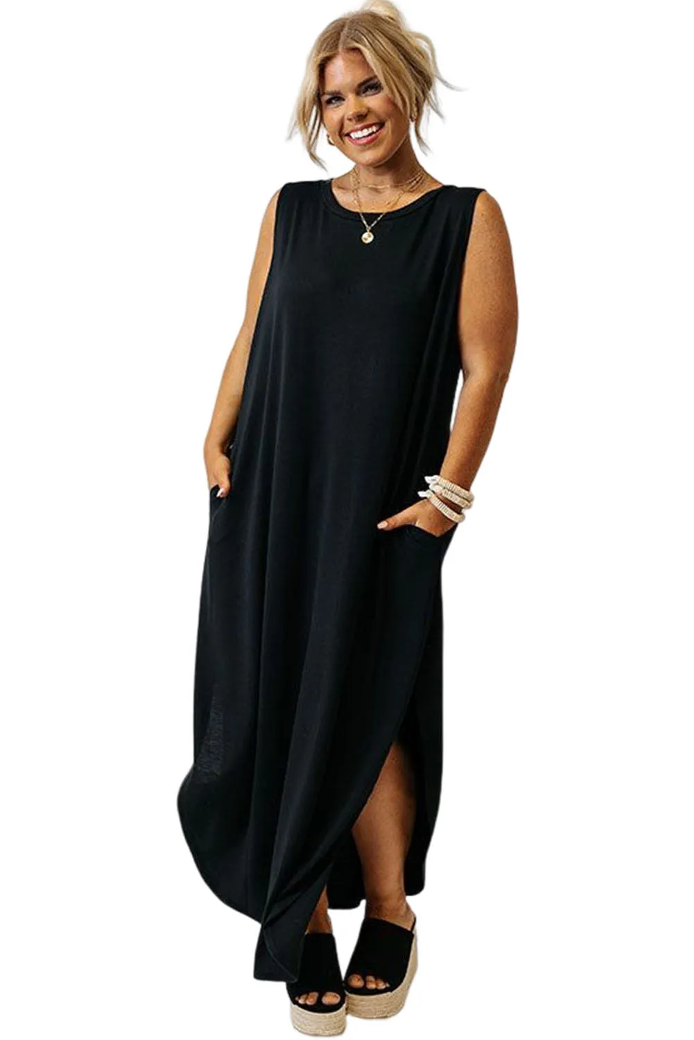 Black Plus Size Wide Sleeveless Shoulder Straps Maxi Dress
