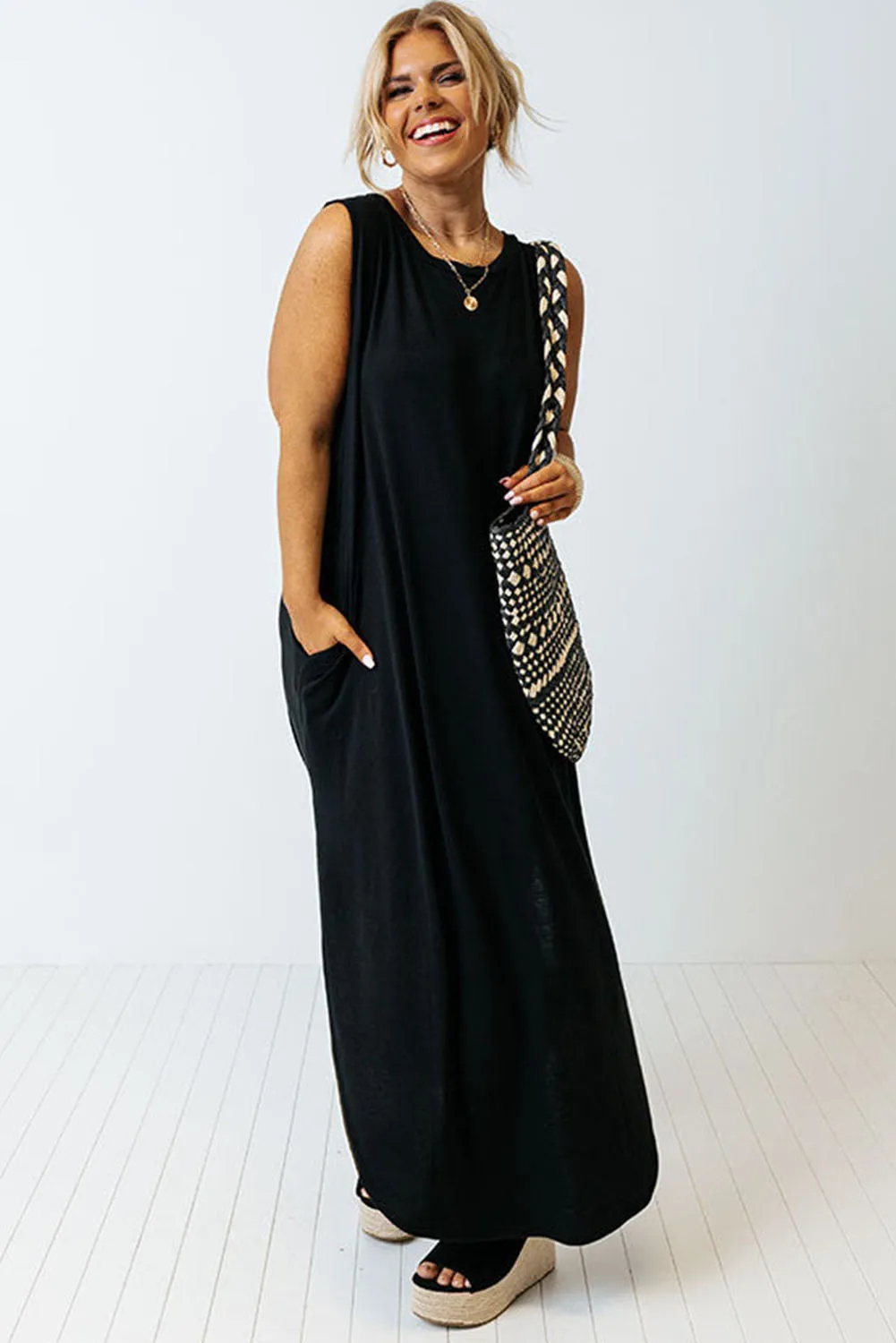 Black Plus Size Wide Sleeveless Shoulder Straps Maxi Dress