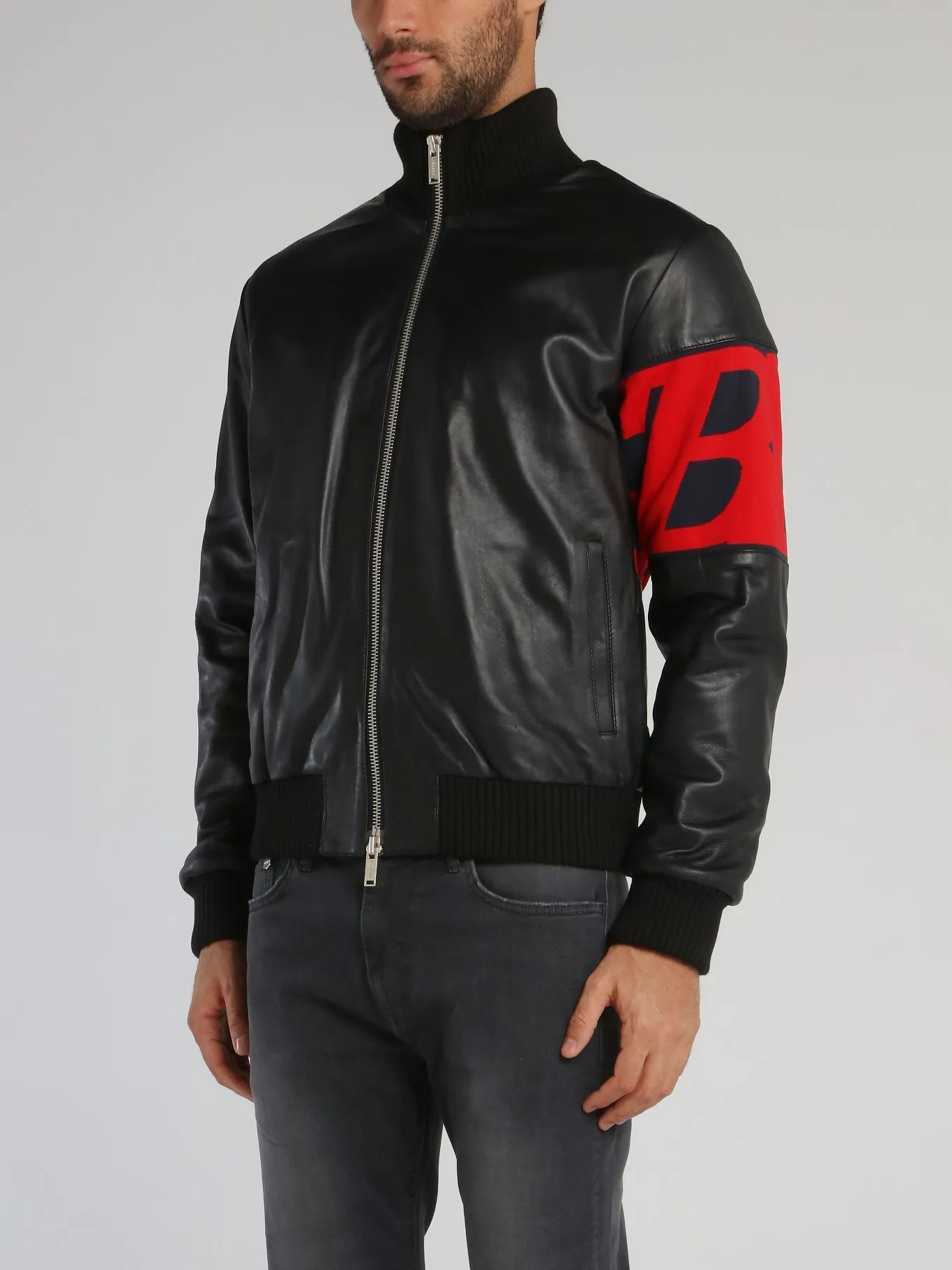Black Ribbed Trim Leather Jacket