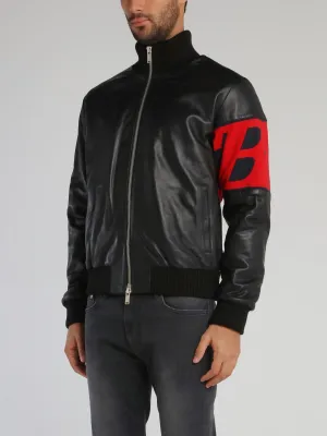 Black Ribbed Trim Leather Jacket