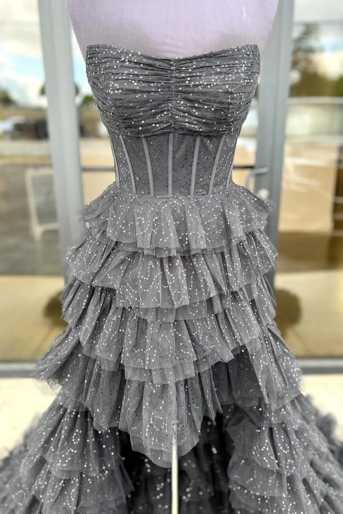 Black Strapless High Low Ruffles Party Dress
