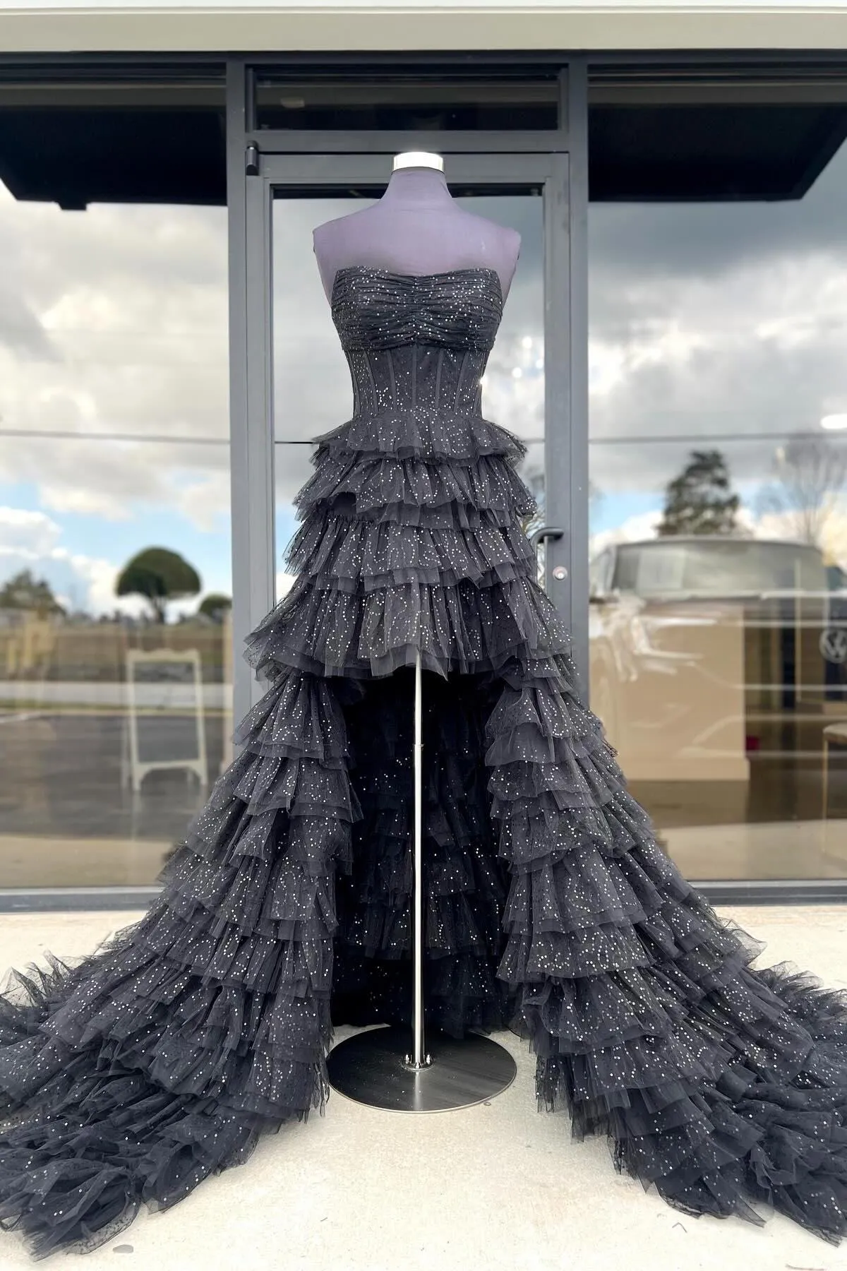 Black Strapless High Low Ruffles Party Dress