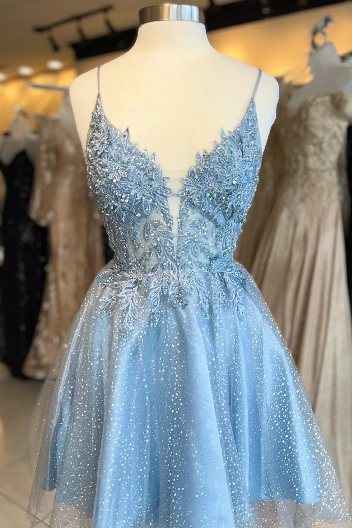 Blue Appliques A-line Tulle Short Prom Dress